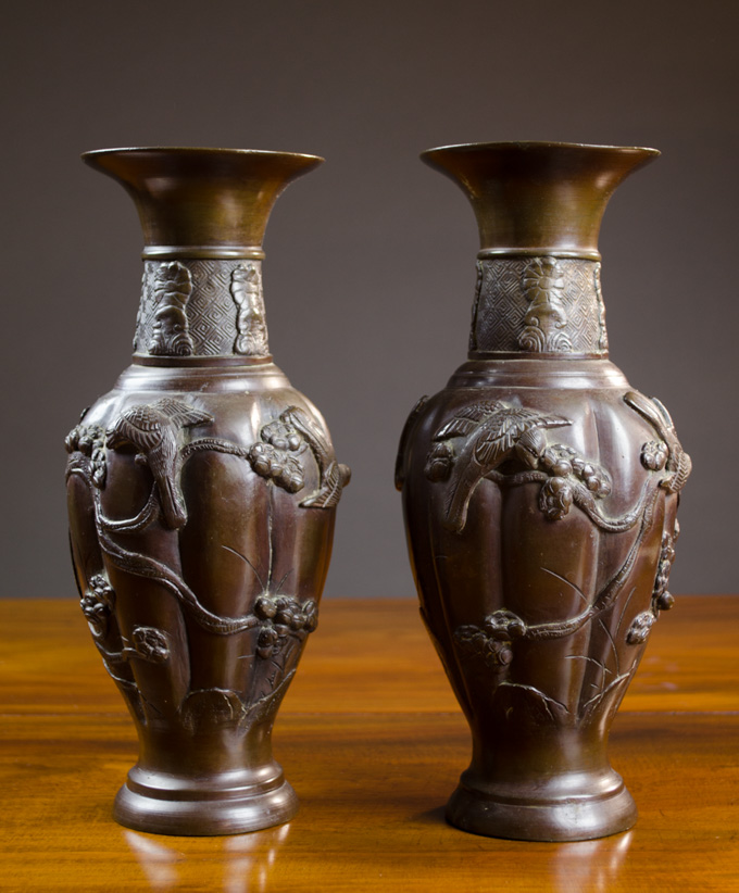 Appraisal: PAIR OF CHINESE PATINATED BRONZE VASES of baluster form with