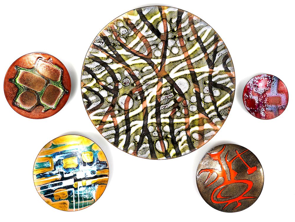 Appraisal: Five Enamel on Copper Abstract Plates Five enamel chargers and