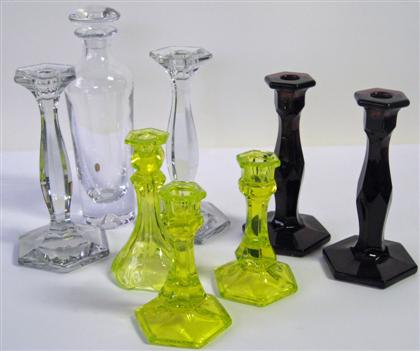 Appraisal: Three pair of colored and uncolored pressed glass candlesticks th