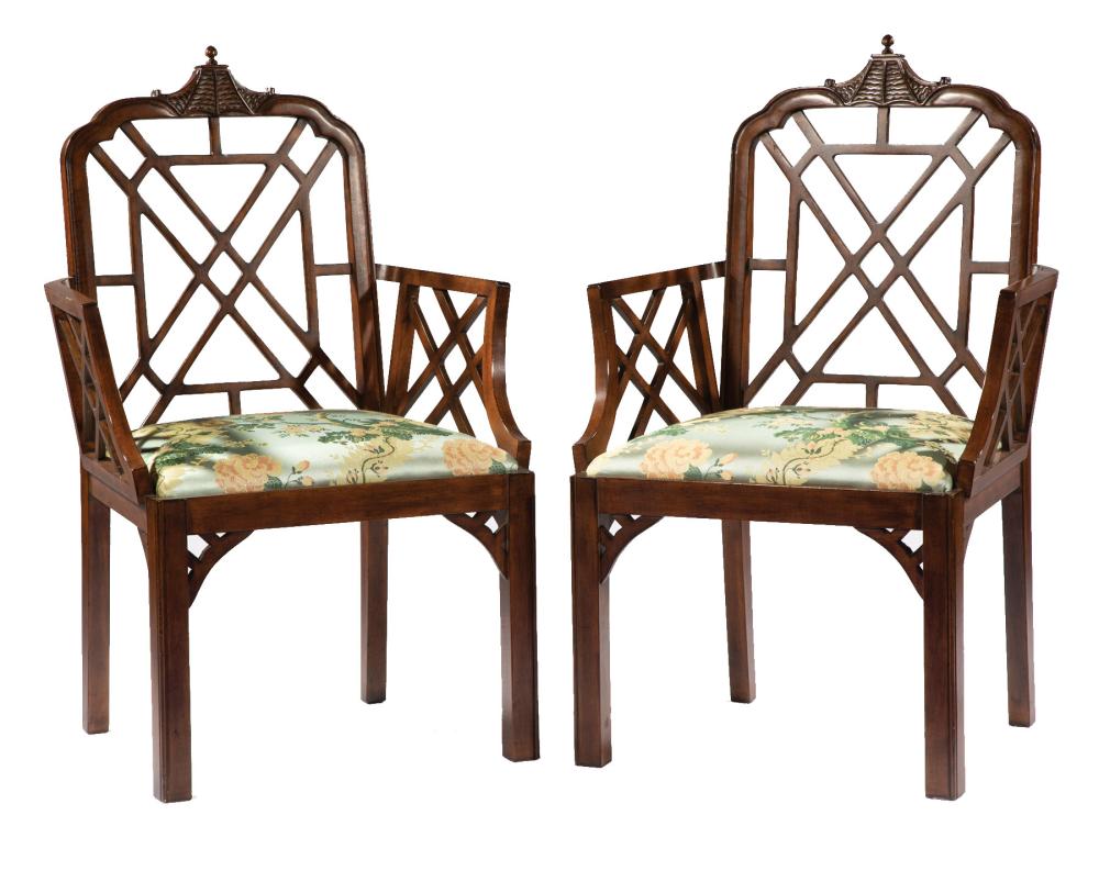 Appraisal: Pair of Casa Stradivari Chinese Chippendale-Style Mahogany Armchairs pagoda crests