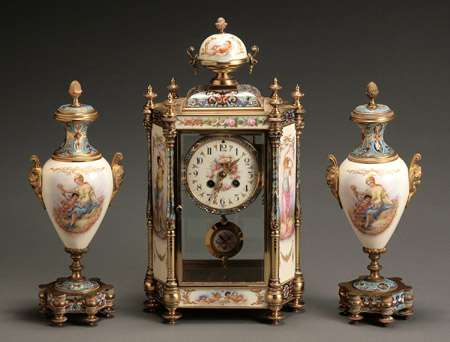 Appraisal: S vres-Type Champlev Enamel Mounted Three-Piece Clock Garniture The Friedlaender