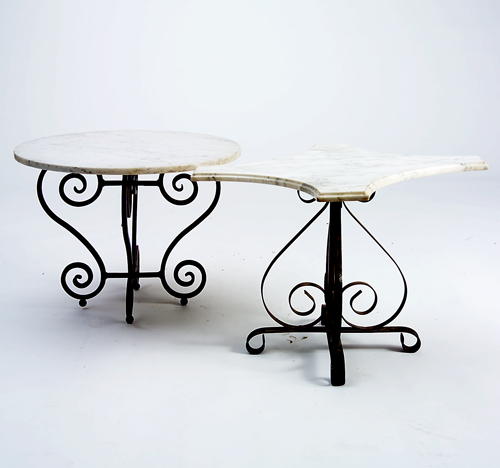 Appraisal: Two side tables with iron scroll bases and marble tops