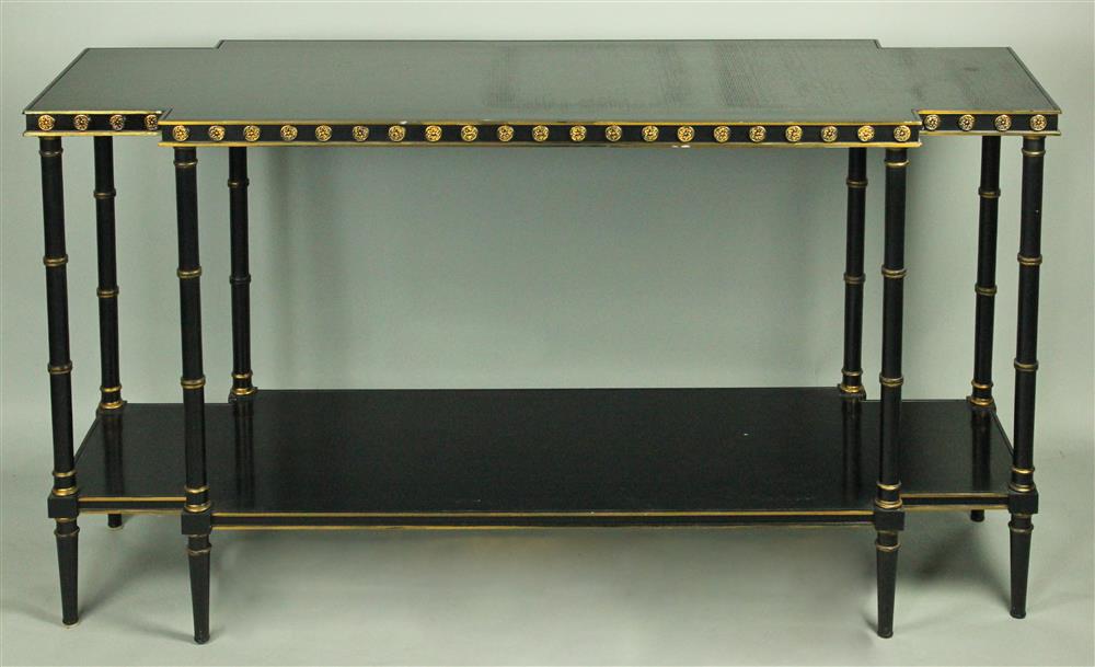 Appraisal: HICKORY CHAIR BLACK AND GOLD PAINTED FAUX BAMBOO CONSOLE TABLE