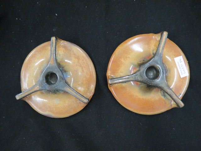 Appraisal: Fulper Art Pottery Candleholders tri-handled low style flambe style glaze