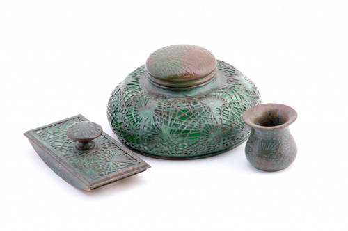 Appraisal: TIFFANY STUDIOS Three bronze and green glass desk set pieces