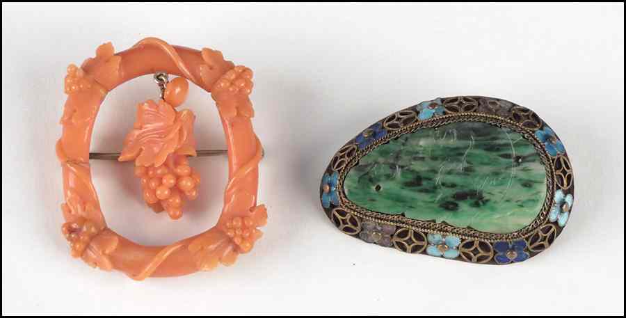 Appraisal: CHINESE CARVED JADE ENAMEL AND SILVER BROOCH Together with a