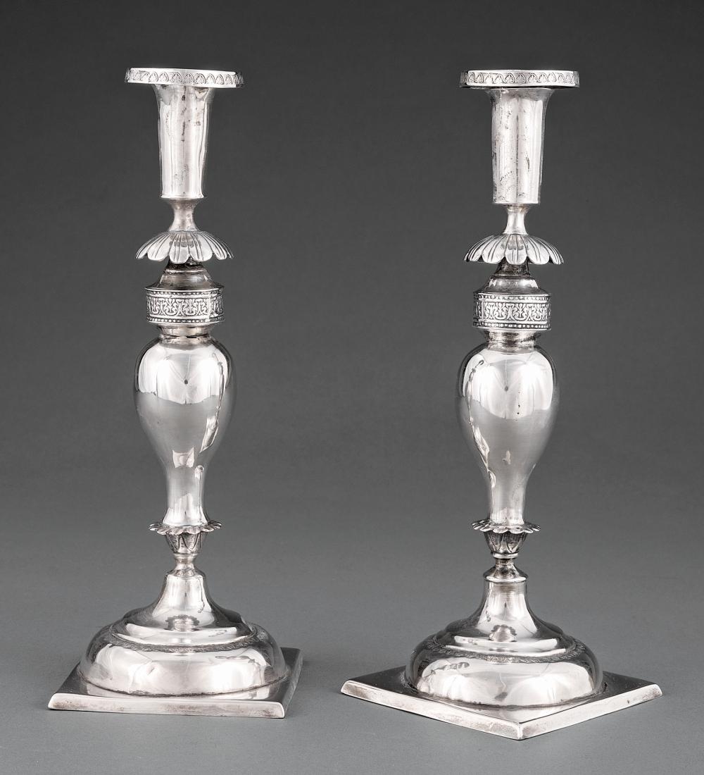 Appraisal: Pair of Continental Silver Candlesticks probably Prussian th c removable