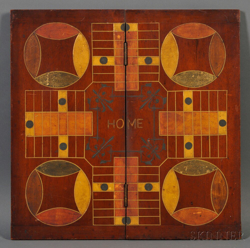 Appraisal: Five-color Painted and Gilded Folding Parcheesi Game Board America late