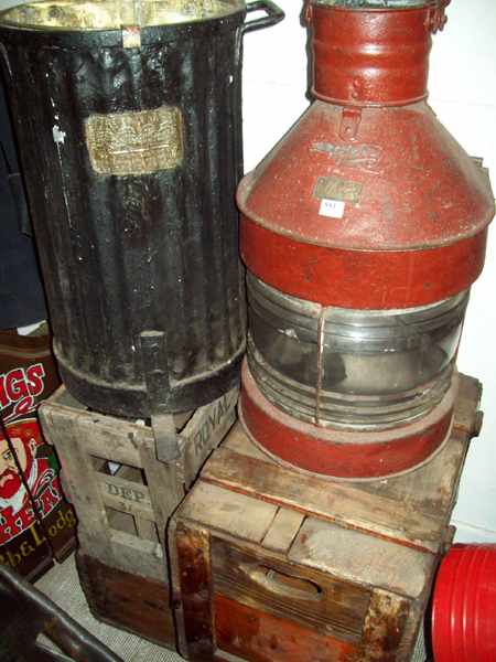 Appraisal: THREE WOODEN BOXES A CAST IRON BUCKET AND PUMP WITH