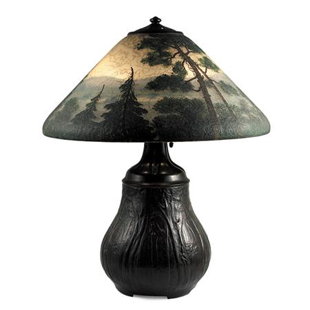 Appraisal: Handel Bronze and Reverse Painted Glass Three-Light Lamp Estimate -