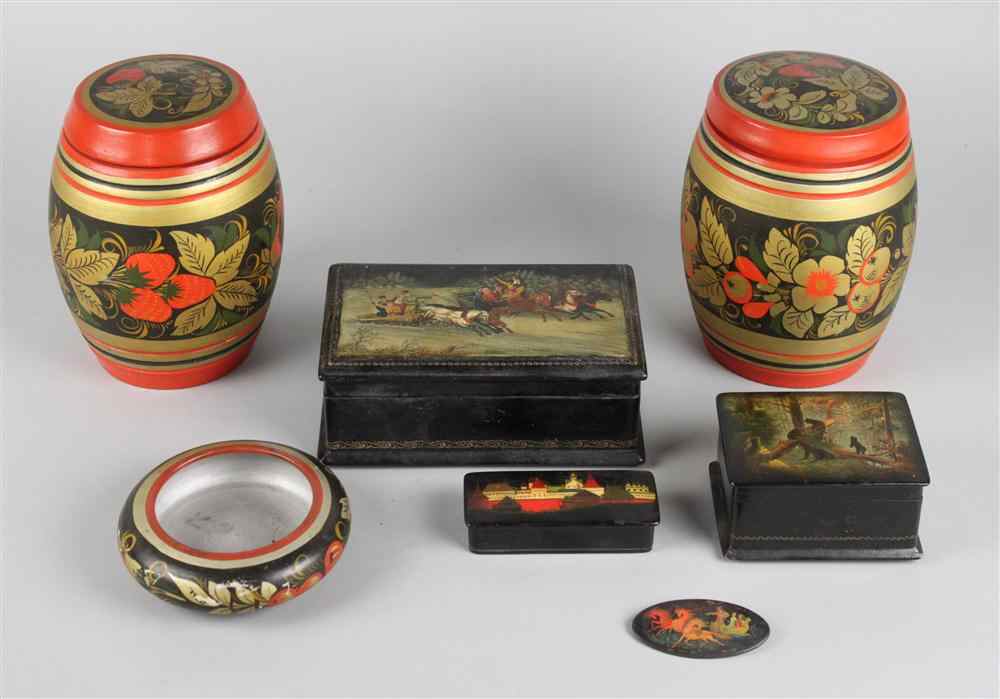 Appraisal: THREE RUSSIAN LAQUER BOXES including one rectangular with troika racing