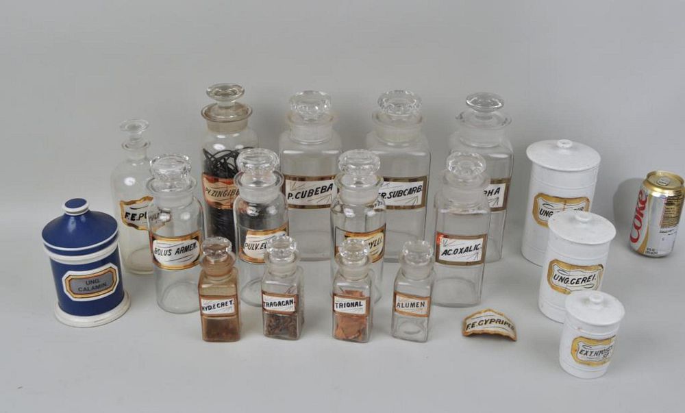 Appraisal: Seventeen Clear Colored Glass Apothecary Jars thirteen glass four porcelain