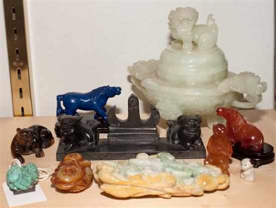 Appraisal: Seven Chinese carved assorted hardstone articles censer horse monkey figural