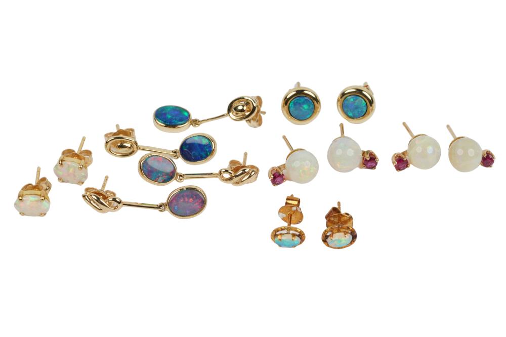 Appraisal: GROUP OF SEVEN PAIRS OF KARAT YELLOW GOLD OPAL EARRINGScomprising