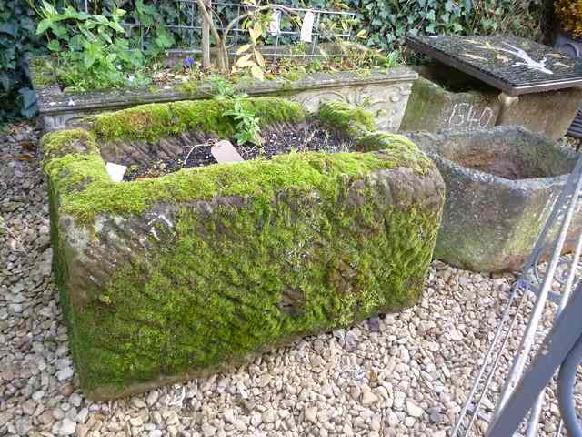 Appraisal: A HEAVY SAND STONE RECTANGULAR TROUGH rough cut and moss