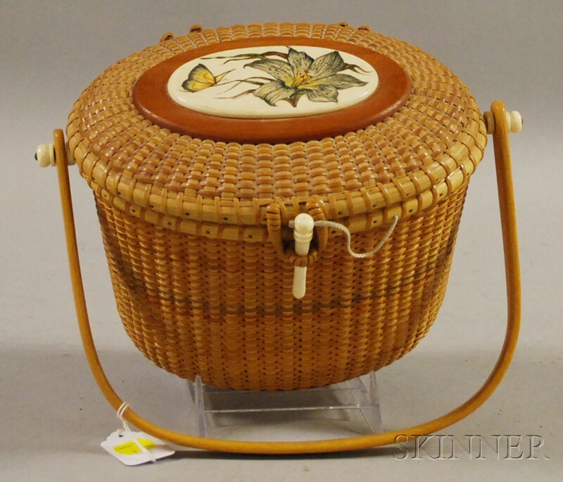 Appraisal: Oval Woven Nantucket Basket Purse with Scrimshaw Lily and Butterfly-decorated