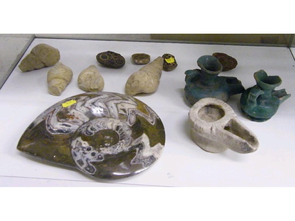 Appraisal: Quantity of fossils and antiquities including three Moorish style incense