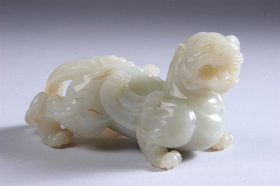 Appraisal: CHINESE GREYISH-WHITE JADE FIGURE OF CHIMERA th th century -