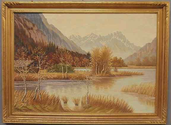 Appraisal: Oil on canvas Alpine fall landscape painting signed l l