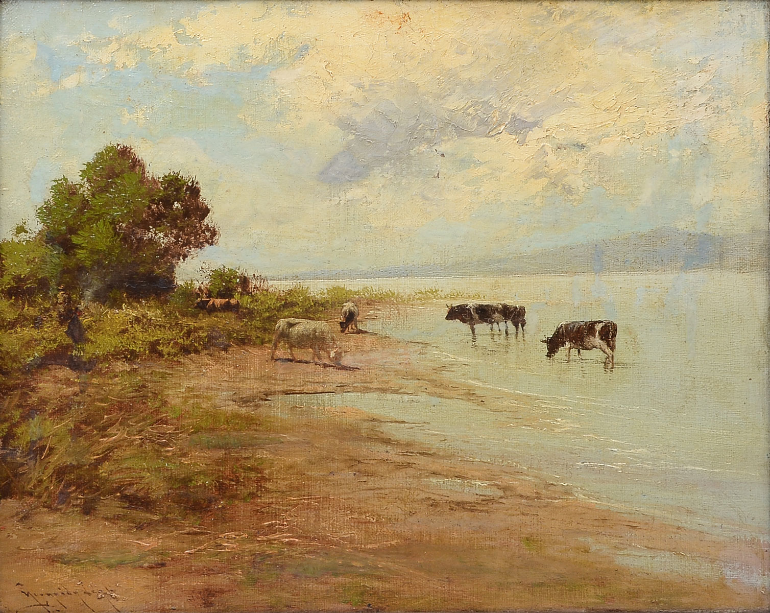 Appraisal: NEOGRADY Laszlo Hungarian - Landscape with Cattle Drinking at the