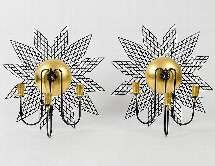 Appraisal: PAIR OF BRASS AND PATINATED METAL WIRE-WORK SCONCESIn a Modernist