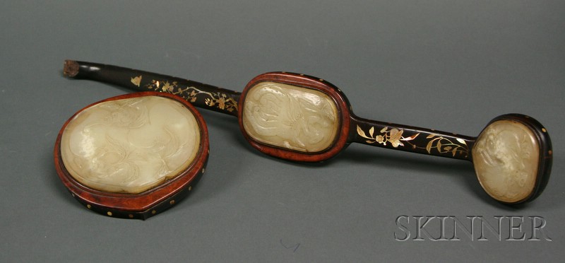 Appraisal: Scepter China th century three jade panels carved with peaches