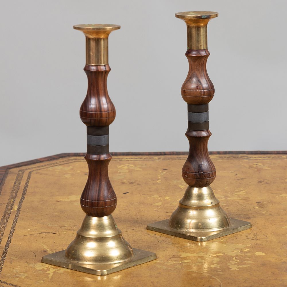 Appraisal: Pair of Brass Wood and Metal Candlesticks in high John