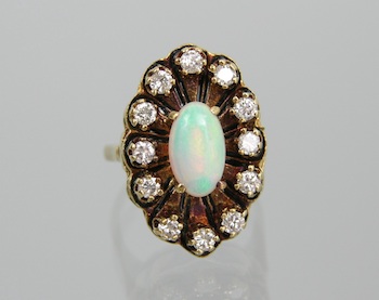 Appraisal: A Vintage Opal and Diamond Ring k yellow gold ring