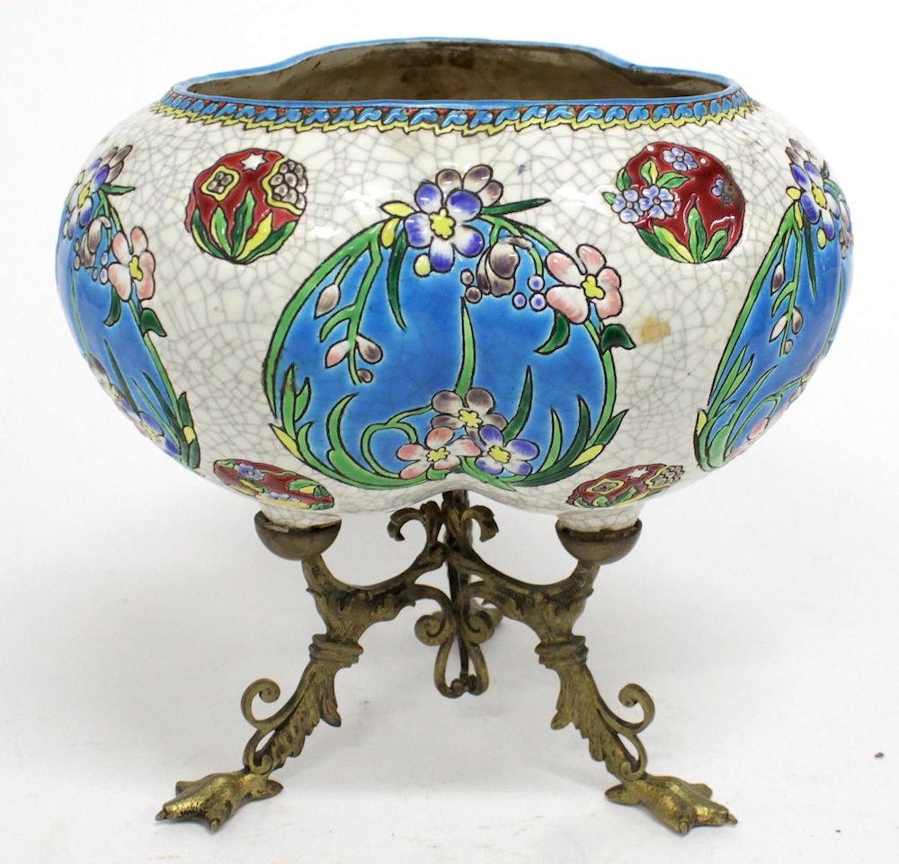 Appraisal: Longwy Manner Art Nouveau Porcelain Brass Vase Faience de Longwy