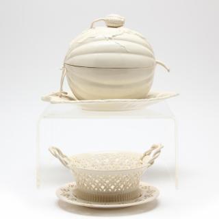 Appraisal: Leedsware Melon Form Tureen and Reticulated Basket with integral leaf