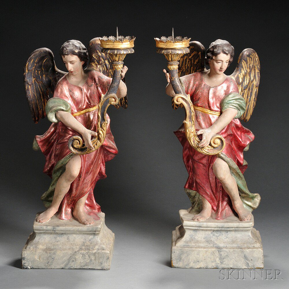 Appraisal: Pair of Polychrome Painted and Gilded Figural Papier-mache Candlesticks th