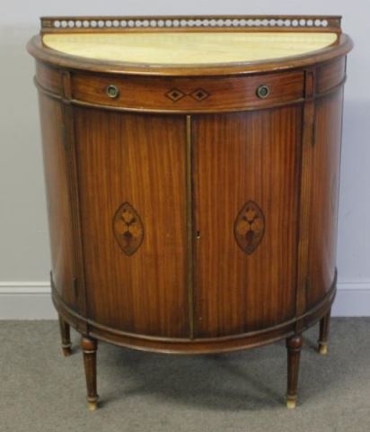 Appraisal: Adams Style Demilune Inlaid and Marble TopCabinet From a New