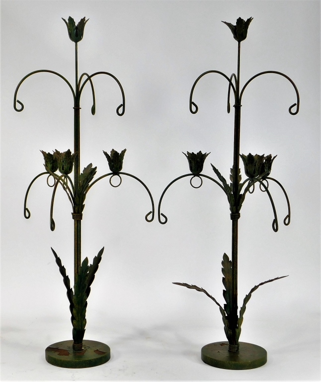 Appraisal: PR PATINATED IRON FOLIATE CANDELABRA CANDLE STICKS United States th