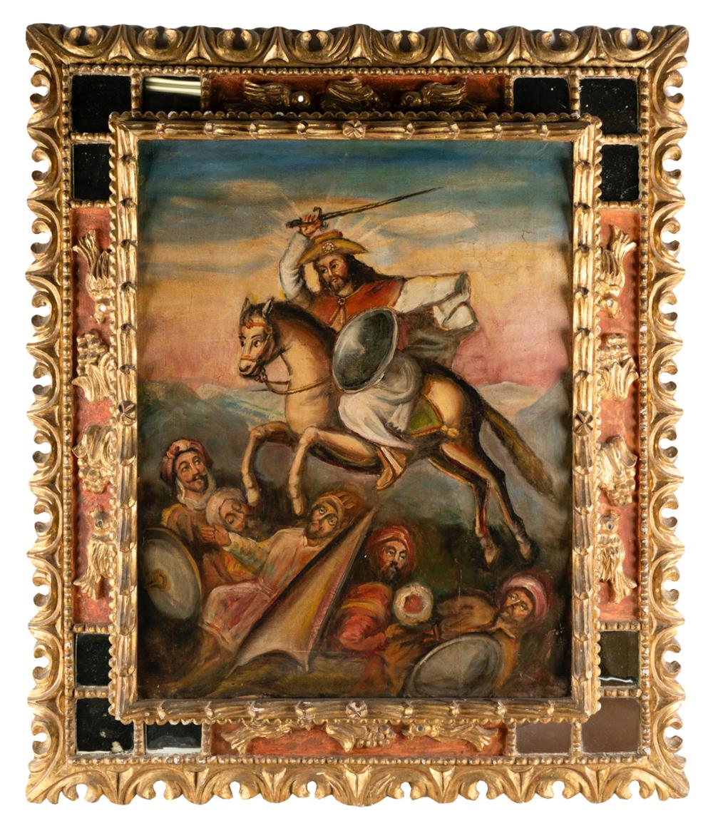 Appraisal: SPANISH COLONIAL SCHOOL WARRIOR ON HORSEBACKoil on canvas unsigned in