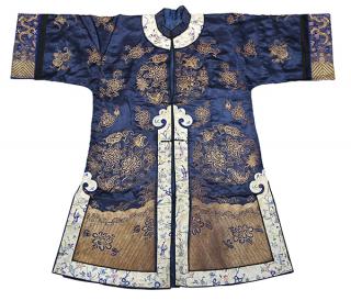 Appraisal: Chinese Woman's Gilt Couched Blue Robe Chinese women's blue satin