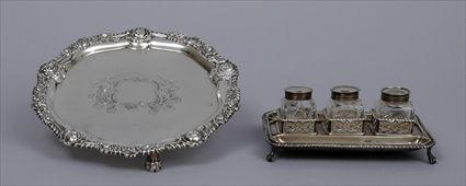 Appraisal: GEORGE III SILVER INKSTAND AND A SILVER WAITER Marks for