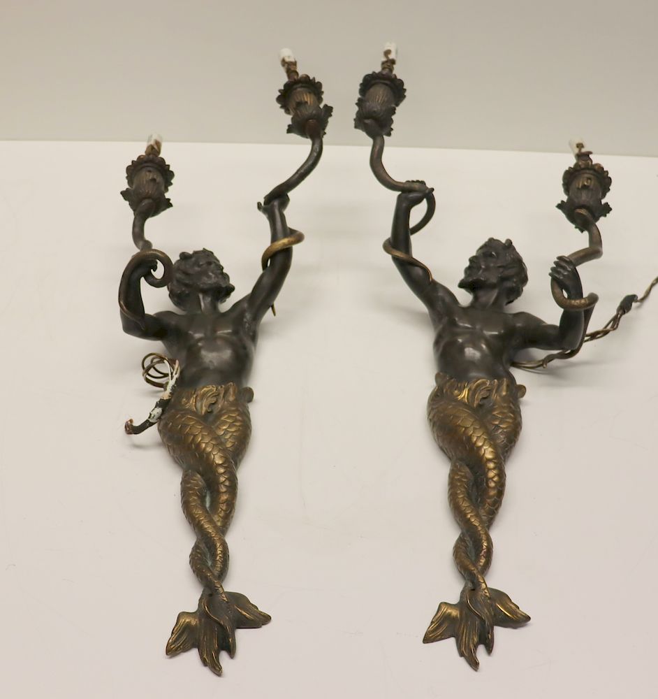 Appraisal: Antique And Quality Pair Of Patinated And Gilt Bronze Merman