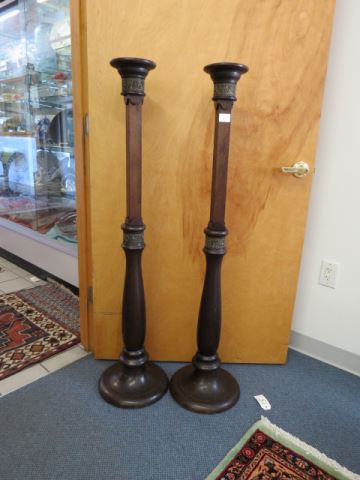 Appraisal: Pair of Mahogany Candle Stands brass drip pans tall hard