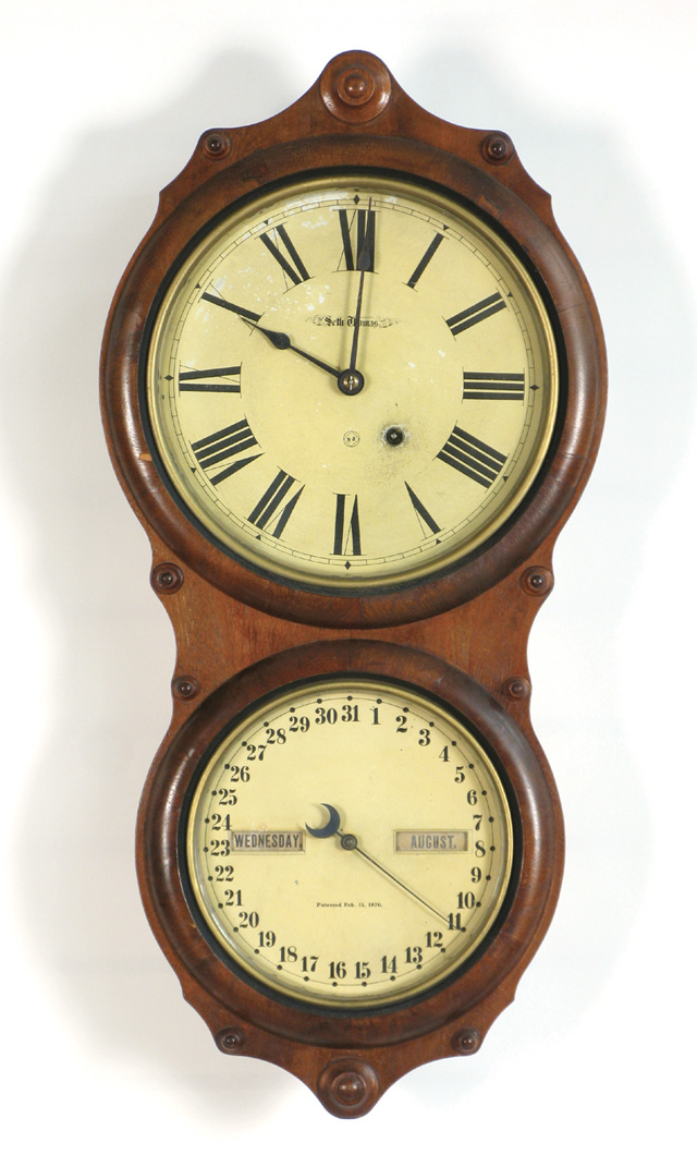 Appraisal: VICTORIAN WALNUT DOUBLE-DIAL CALENDAR WALL CLOCK Office Calendar No Seth