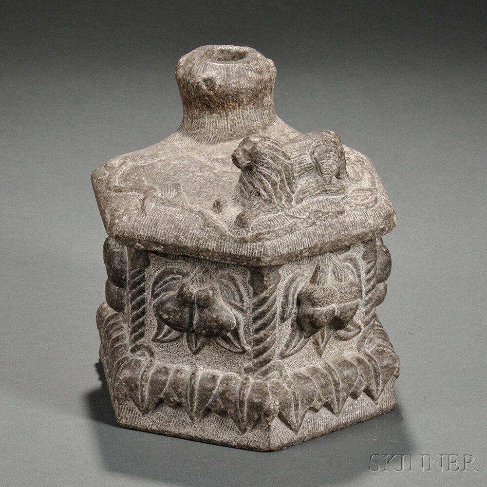 Appraisal: Carved Stone Hexagonal Covered Canister possibly a funerary urn the