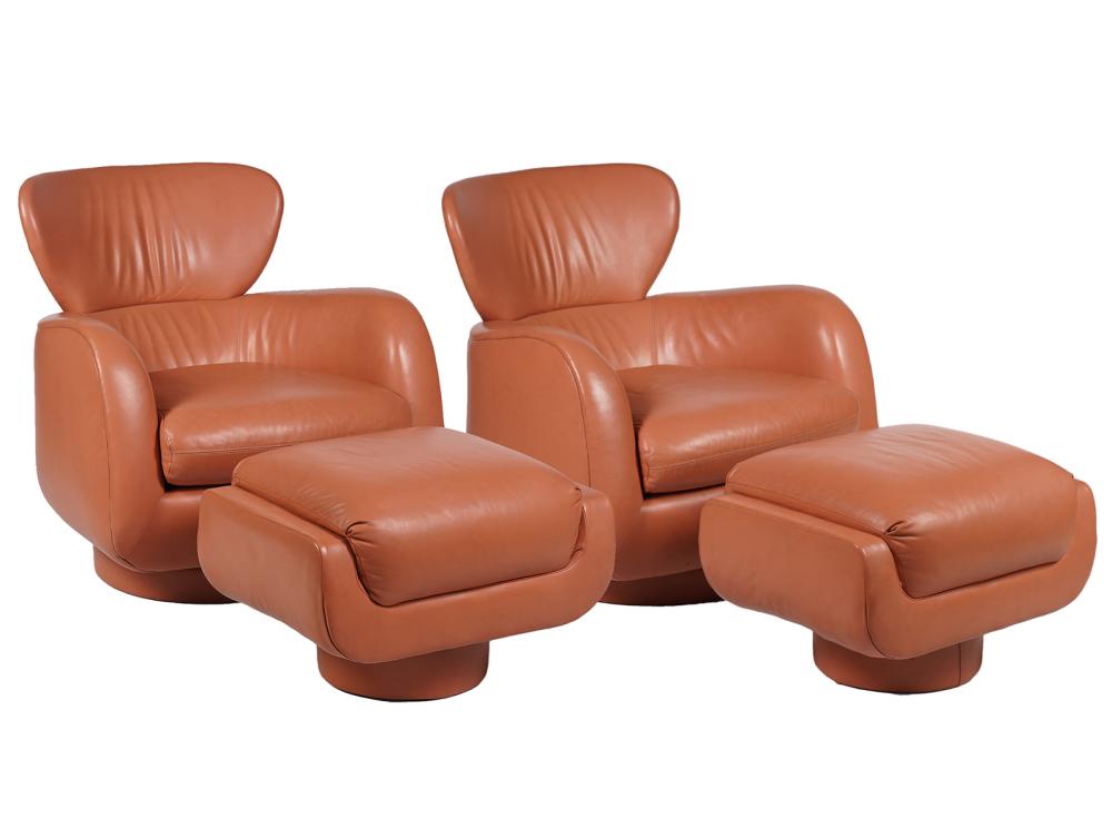 Appraisal: PR KAGAN LEATHER LOUNGE CHAIRS OTTOMANSPair of Vladimir Kagan lounge