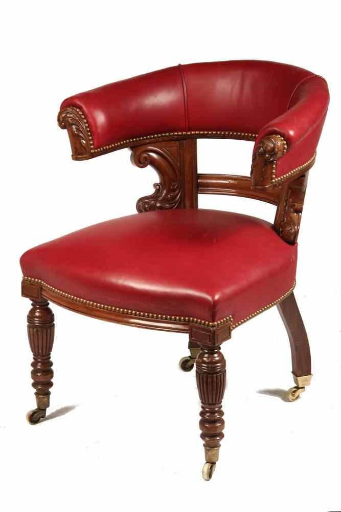 Appraisal: ENGLISH GENTS CLUB CHAIR - Edwardian Walnut and Red Leather