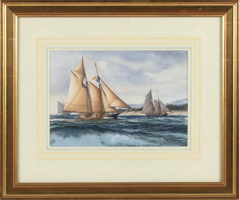 Appraisal: DONALD W DEMERS MAINE MASSACHUSETTS B YACHTS RACING WATERCOLOR ON