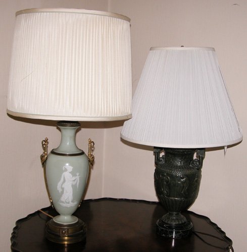 Appraisal: Artist Title Two Neoclassically decorated lamps one Celadon pat-sure-pate porcelain