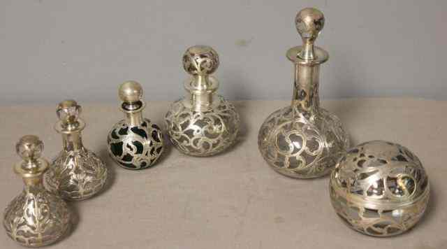 Appraisal: STERLING Overlay Glass Lot Includes pair of small perfume decanters