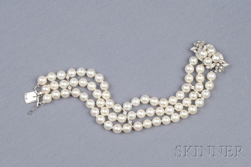 Appraisal: kt White Gold Cultured Pearl and Diamond Bracelet designed as