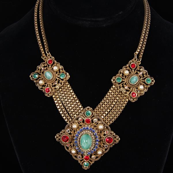 Appraisal: Czech Austro Hungarian Revival Brass Medallion Necklace with faceted crystal