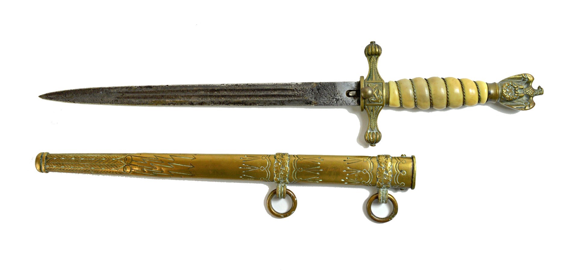 Appraisal: A German kriegsmarine dagger with double edged engraved steel blade