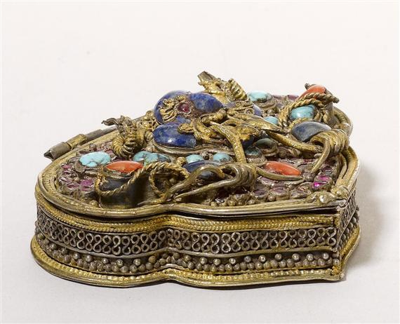 Appraisal: A GILT SILVER AMULET BOX WITH SEMI-PRECIOUS STONES Tibet width