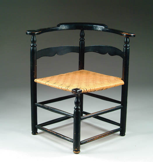 Appraisal: EARLY COUNTRY CORNER CHAIR Painted black with double box stretcher